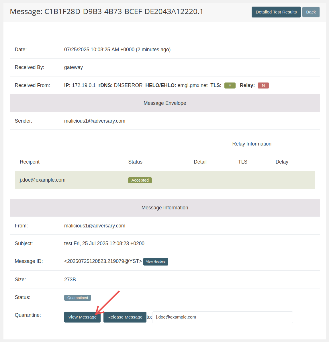 User Gateway UI Quarantine View