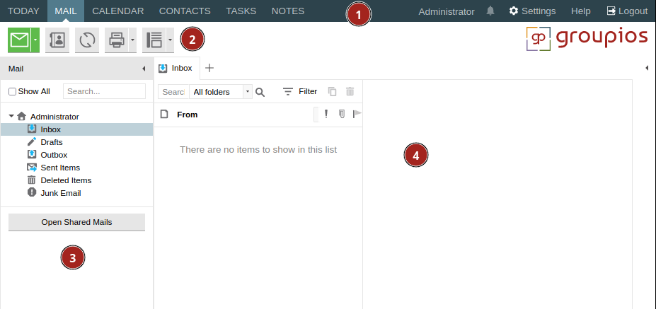 Areas of the webmail client